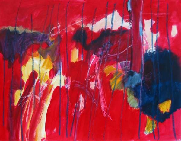 Landschaft rot, Acryl und lkreide auf Aquarellpapier 50 x 65 cm, 2004